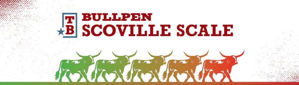 Red and green Texas Bullpen Scoville Scale infographic with bull illustrations, showcasing hot sauce heat levels.